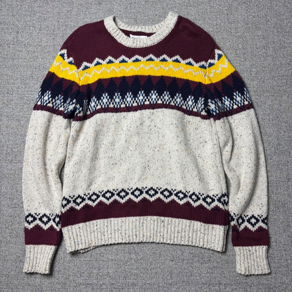 PacSun Sweater Mens S Fair Isle Crew Neck Cream Burgundy Yellow Nordic Knit